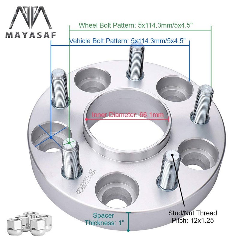 MAYASAF Hubcentric Wheel Spacers [1" THICK, 2 PACK, 5 Lugs] for Nissan Altima/Maxima/Murano/Rogue/Sentra, for Infiniti FX35(45/50)/G35(37)/I30(35)/Q45(50/60/70)/QX56(60/70), 5x4.5 Bolt Pattern - Image 3